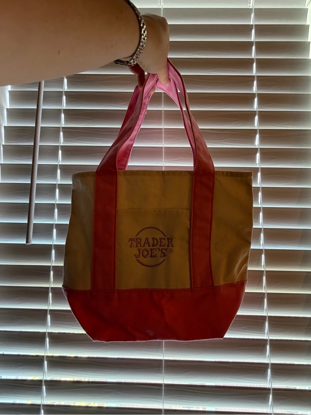 Pink and Tan small Trader Joe’s bag!